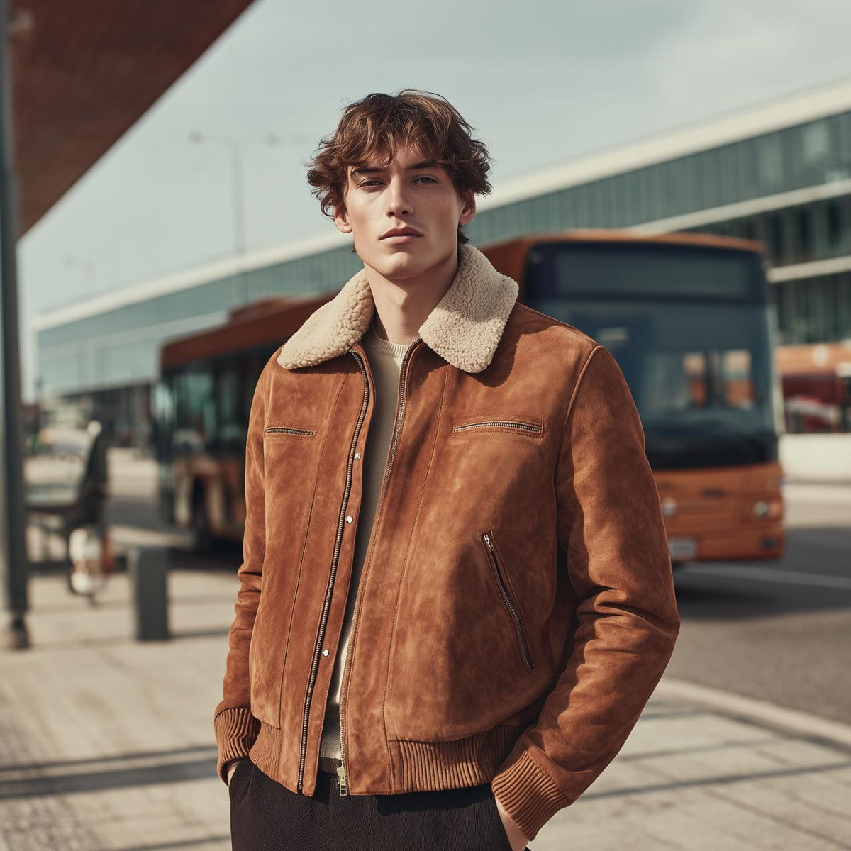 Falcate Hudson Shearling Collar Suede Jacket – Tan